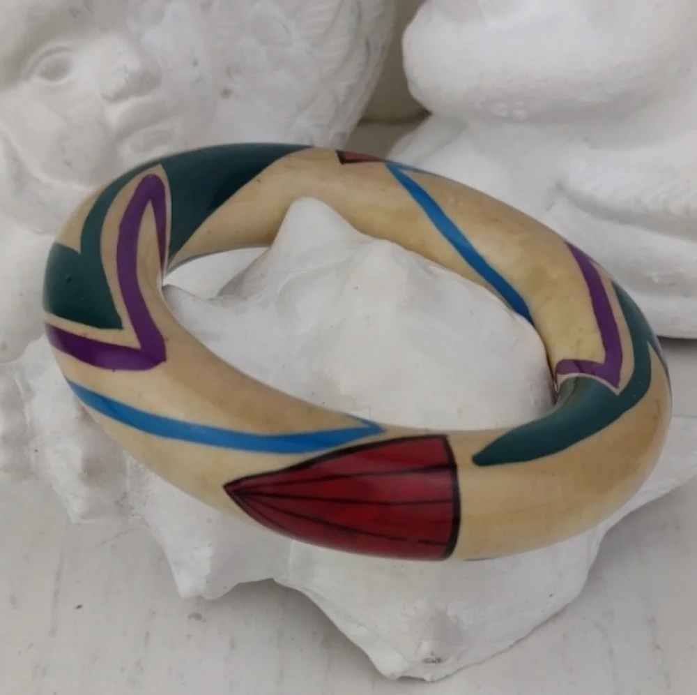 Hand-Painted Red Turquoise Light Blue Teal & Purple Resin Bangle Bracelet